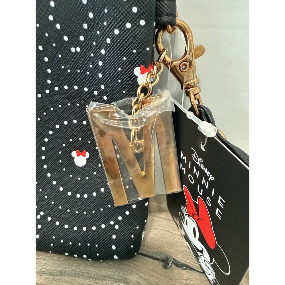 Disney Minnie Mouse Wristlet Pouch Bioworld Black Polka Dot Initial M Charm NEW - Picture 5 of 8